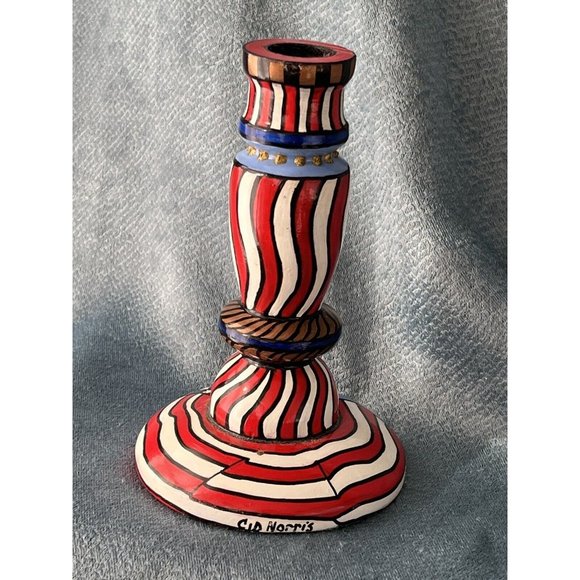 Americana Handmade Wooden Country Patriotic Candlestick Signed by Artist - Picture 2 of 8